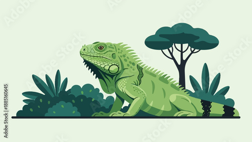 A stylized green iguana rests amidst lush foliage and a lone tree