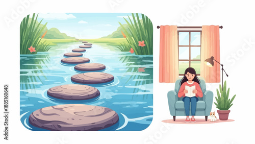 A serene scene of stepping stones crossing a tranquil pond, beside a cozy indoor reading nook