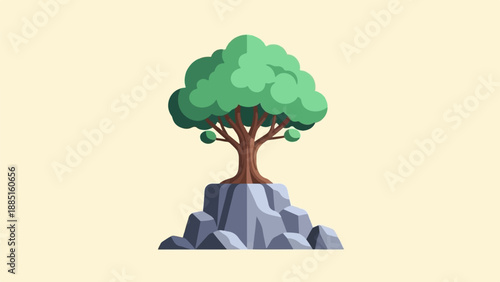 A stylized green tree with a brown trunk grows from a rocky outcrop