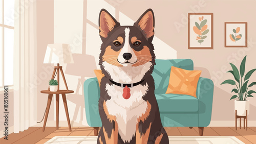 A smiling corgi sits in a cozy living room with a teal sofa and houseplants