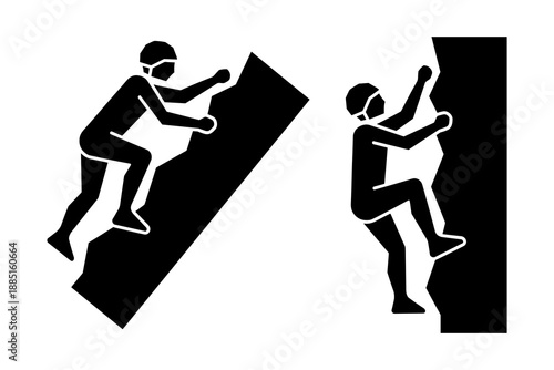 Two people climbing rock faces with ropes and helmets in black and white rock climbing climbers