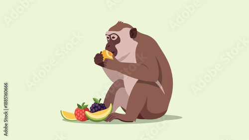 A primate sits and eats fruit, with a variety of berries and melon