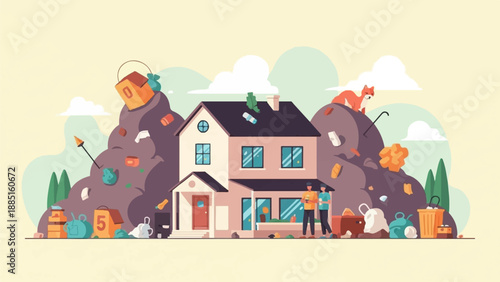 A stylized house is surrounded by large piles of garbage and a fox watches from above
