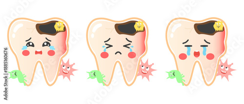 Tooth decay and dental pain characters. Cute tooth with cavity, bacteria and sad expressions showing toothache, dental problem and oral health concept. Cartoon medical vector illustration set
