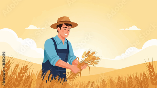 A smiling farmer in a hat harvests wheat in a golden field under a cloudy sky