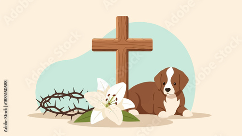 A puppy rests by a cross, lily, and crown of thorns