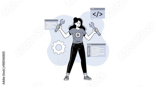 Woman programmer holding tools and coding symbols.