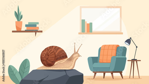 A snail sits on a rock in a room with a chair, lamp, books, and plant