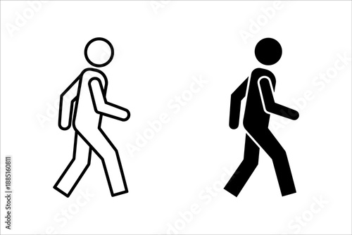 Two stick figure people walking with backpacks one white one black