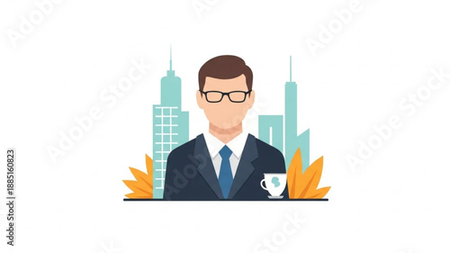Businessman wearing glasses and suit with coffee cup.