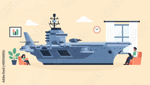 A stylized illustration of a large aircraft carrier with two people working on laptops