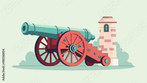 A pixel art cannon sits on its wheeled carriage near a stone tower