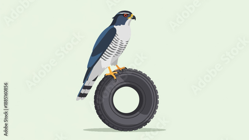 A pixel art bird of prey perches on a tire against a light background