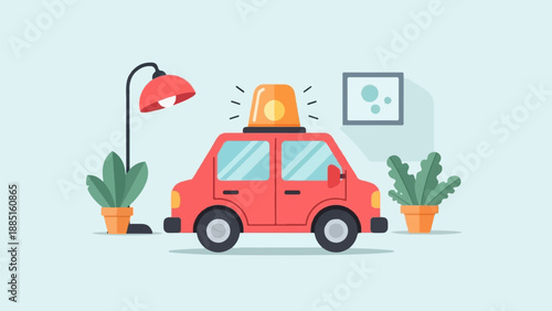 A red car with an orange siren sits in a room with plants and a lamp