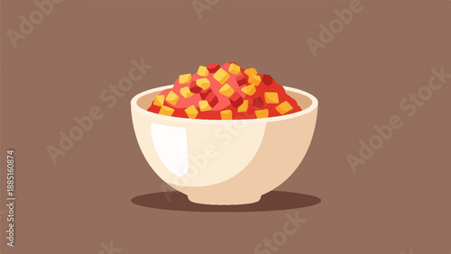 A simple cartoon bowl of chunky red salsa with yellow and red dice mixed in