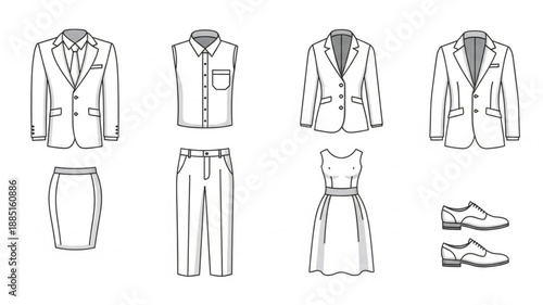Collection of business attire sketches for men and women.