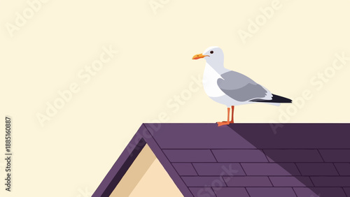 A solitary seabird stands watch on a purple-tiled rooftop under a light sky