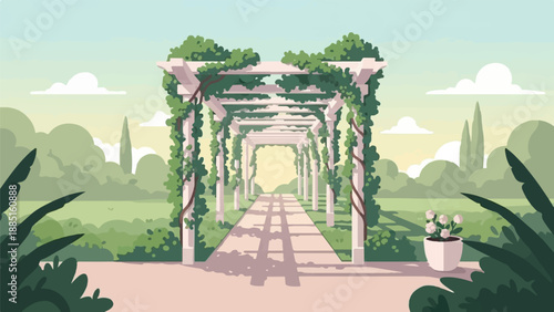 A pixel art garden pathway lined with columns and climbing vines