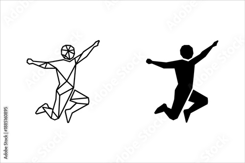 Two stylized figures jumping with arms outstretched one geometric and one solid black