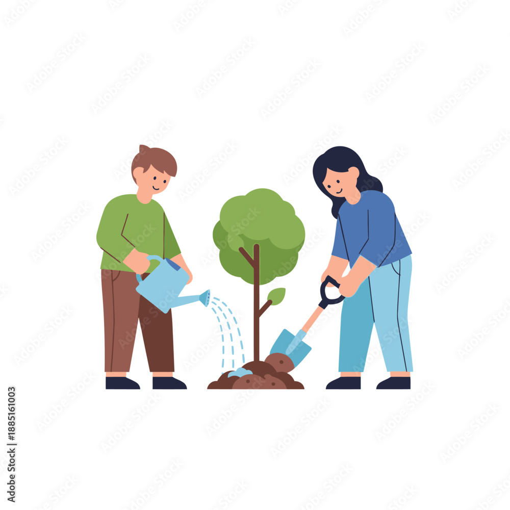 Fototapeta premium People planting tree, watering sapling, gardening, environment care, nature, illustration