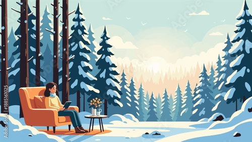 A person relaxes in a chair in a snowy forest with a tablet and warm drink