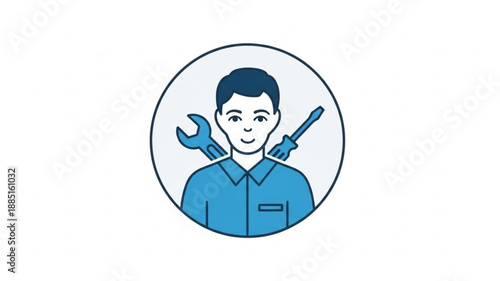 Male technician with tools in a circle icon.
