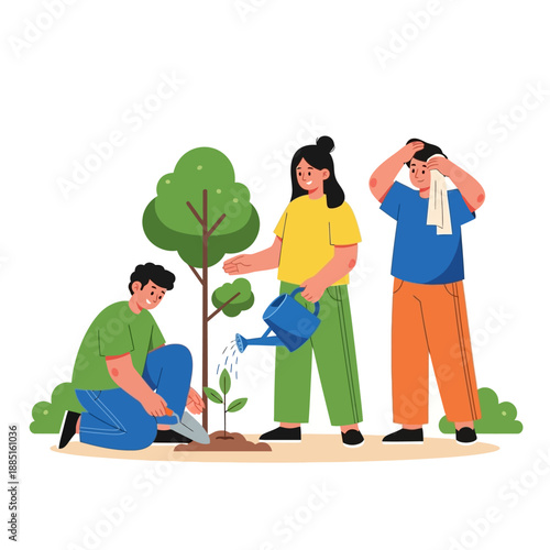 People planting tree, environmental protection, community gardening, nature conservation