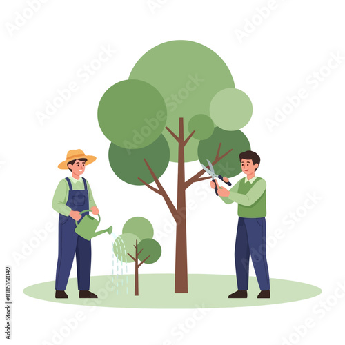 Gardening team pruning and watering a tree, illustration of teamwork and growth