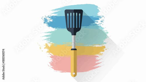 A spatula rests against a background of colorful paint strokes