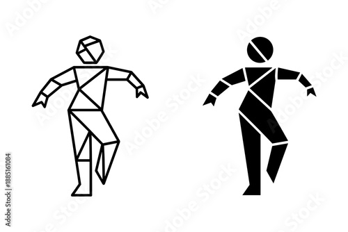 Geometric dancers in black and white performing ballet with angular shapes and lines