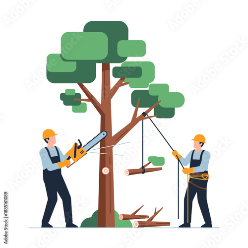 Arborists cutting down a tree with chainsaw and rope, teamwork concept