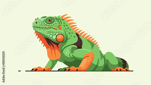 A pixelated green iguana with orange accents sits on a light beige background
