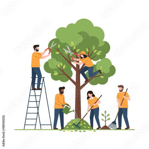 Community garden team pruning tree and planting new saplings, teamwork concept