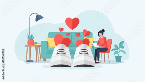 A person sits on a chair reading, surrounded by hearts and indoor plants