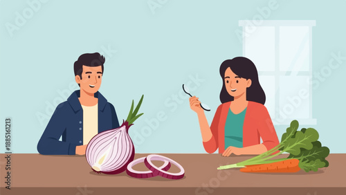 A man and woman are at a table with vegetables and kitchenware