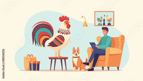 A person sits in a chair with a laptop, while a dog and rooster observe