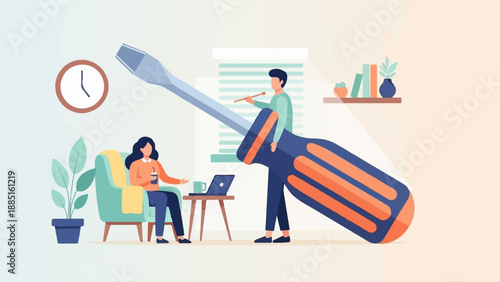 A man and woman collaborate on a giant screwdriver illustration