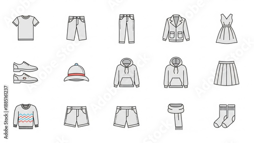 Collection of clothing and footwear icons in a simple line art style.
