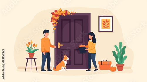 A man and woman greet at a decorated doorway with a dog