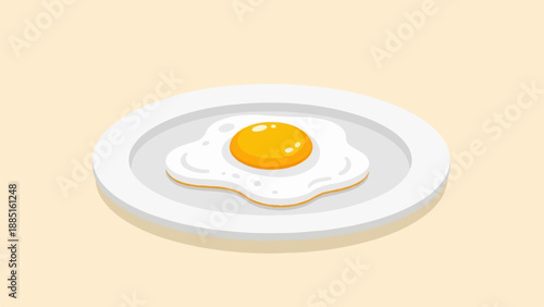 A simple fried egg on a white plate against a pale yellow background