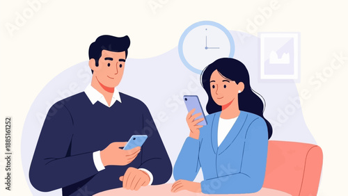 A man and woman in casual business attire engrossed in their smartphones