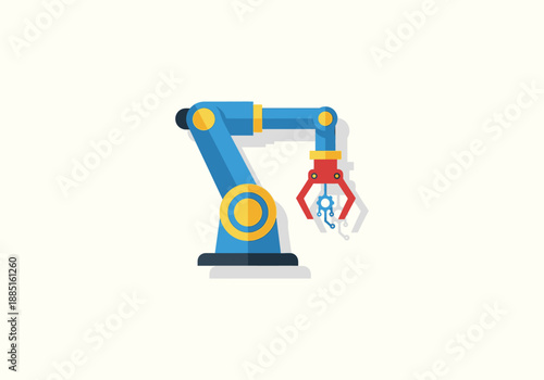 Vector set Concept Flat Design Robotic Arm with Red Gripper and Yellow Accents, Isolated.