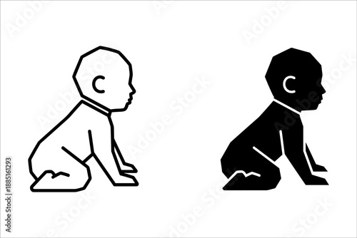 Two crawling babies one white and one black in silhouette style black and white infant