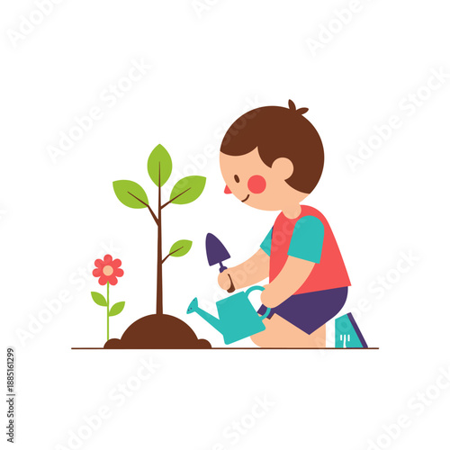 Child planting a tree, watering sprout with flower, gardening concept