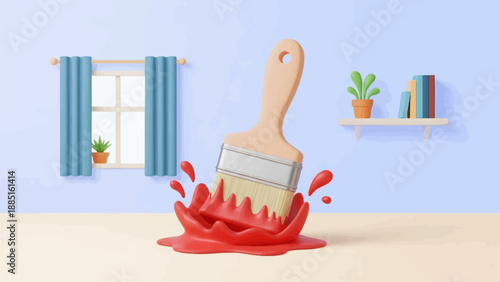 A paintbrush splashes red paint in a bright, clean room