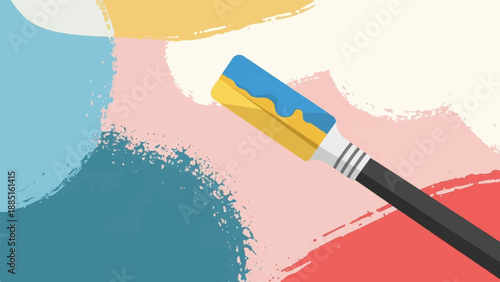 A paint brush with blue and yellow paint applies color to abstract background