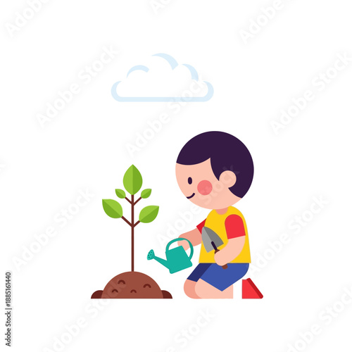 Happy child watering a young plant in soil, with a small shovel, under a cloud.