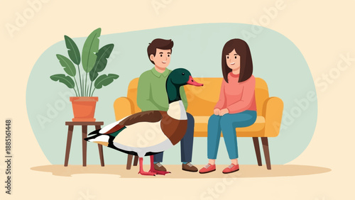 A man and woman sitting on a couch with a duck in front of them