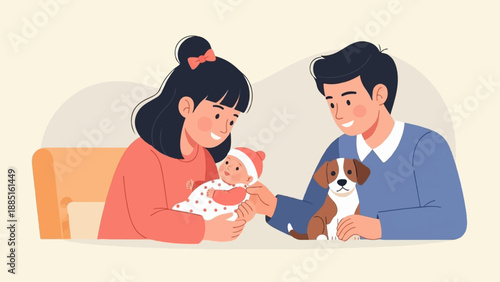 A loving family with a baby and a dog