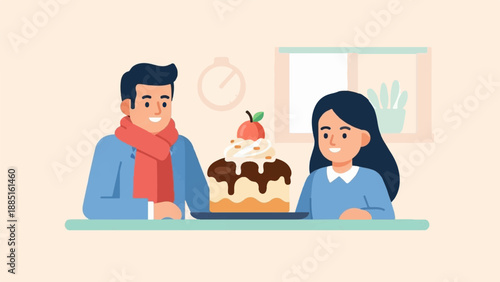 A man and woman smile at a festive cake on a table